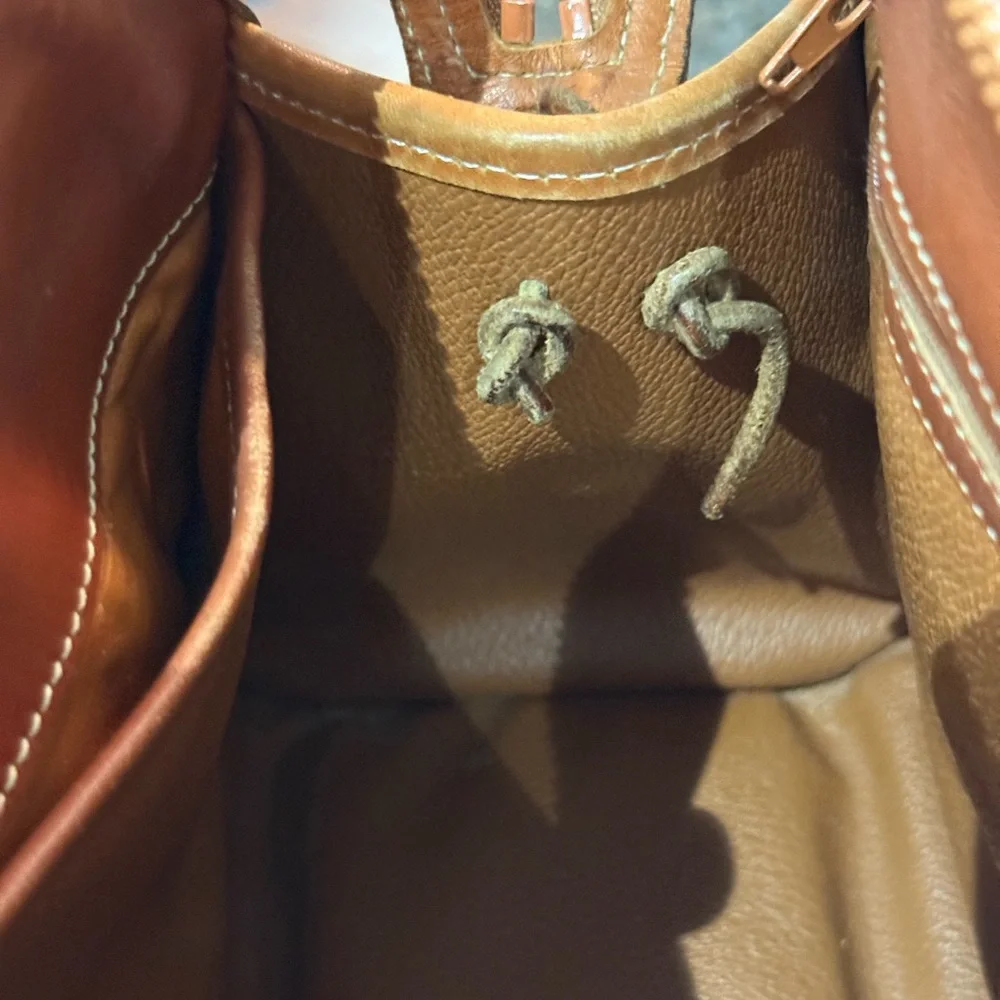 Vintage Dooney & Bourke Olive Green and Brown Leather Satchel with Brass Accents